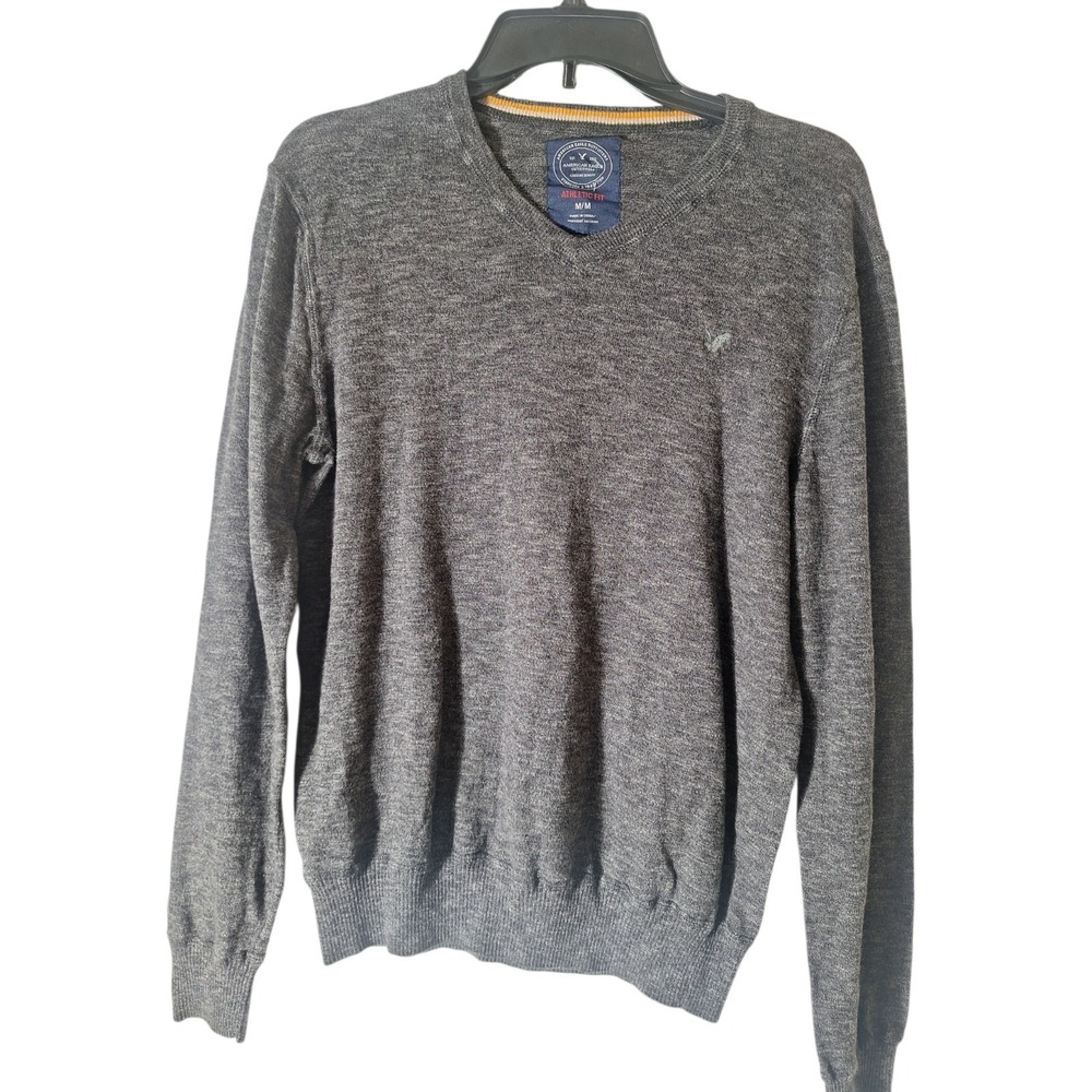 American Eagle Men's Medium Athletic Fit Gray V-Neck Pullover Cotton Sweater